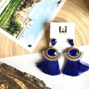 Royal Blue Tassel Statement Earrings